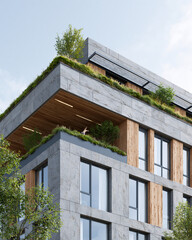 Fototapeta premium Modern building features green roof and wooden accents. Concrete and wood blend for sustainable urban design. Solar panels installed atop lush vegetation