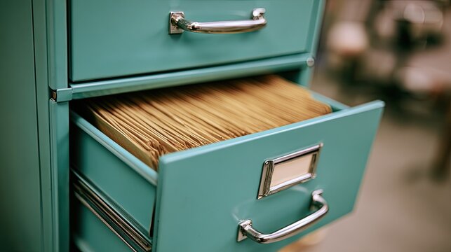 Teal metal filing cabinet with one drawer open, revealing organized manila folders inside