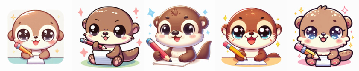 Vector of a cute cartoon otter character holding a pencil © FirdianKrisna