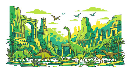 Dinosaurs roaming a prehistoric valley with ancient stone ruins © veldar