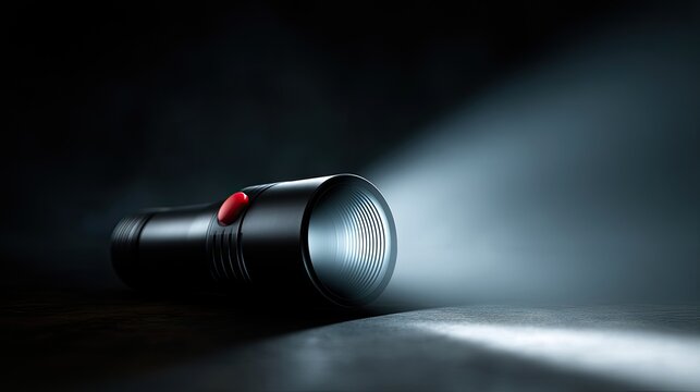 A dark metallic cylindrical object casts a bright beam of light on a surface
