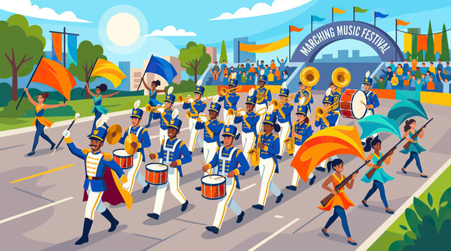 Diverse marching band and color guard performing at outdoor festival