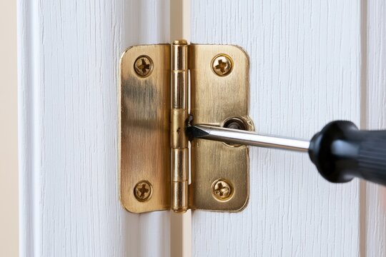 Tightening a brass door hinge with a screwdriver on a white paneled door