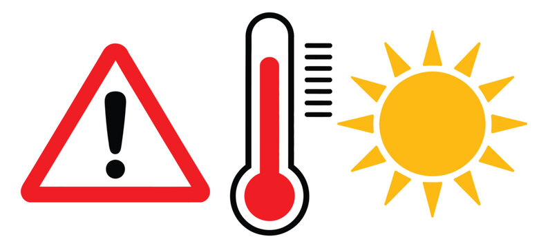 Caution heat warning vector illustration, showing summer safety symbols, high thermometer readings, extreme temperature alerts, sun exposure hazards, weather awareness, and climate risk design.