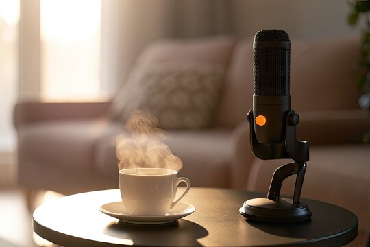 Steaming coffee cup next to podcast microphone on a small table