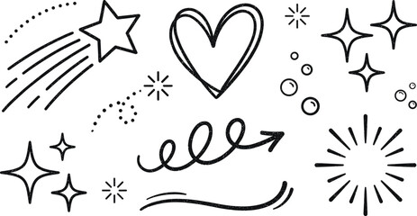 Cute hand drawn doodle sparkle element set vector sketch illustration featuring stars heart shooting star curly arrow firework and burst decorative shapes. © MDHELAL
