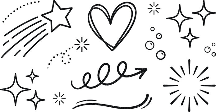Cute hand drawn doodle sparkle element set vector sketch illustration featuring stars heart shooting star curly arrow firework and burst decorative shapes.