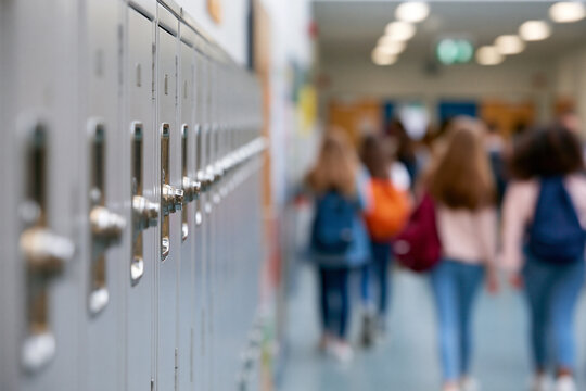 Students walk past lockers in a school hallway. The scene captures everyday school life. People move purposefully, carrying backpacks. Soft focus adds a calm, ordinary feel