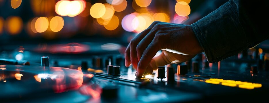 DJ mixing music at night with colorful lights in background  