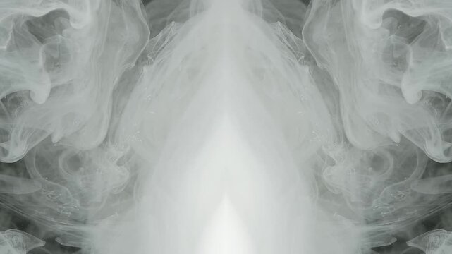 Mirrored smoke diffusing in close-up across gray symmetrical vapor, forming x-ray texture supporting healthcare explainers, laboratory media, wellness ads, sterilization themes, and clinical
