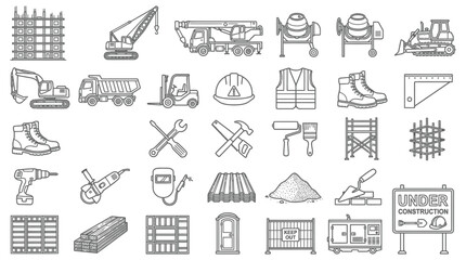 Construction Equipment And Safety Icons Black Line Art Vector Illustration © MD REZAUL KARIM