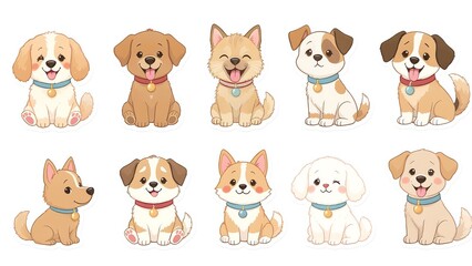 Obraz premium Adorable vector cartoon puppies set diverse happy dog illustrations for pet-themed designs and projects