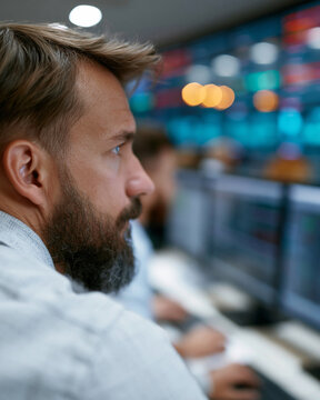 Bearded man focuses on screens in a control room. His expression shows concentration, not stress. Bright, blurred monitors glow behind him. He's surrounded by tech and data. Ideal for business, tech