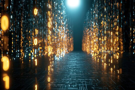 Digital tunnel of glowing binary code streams, representing data flow