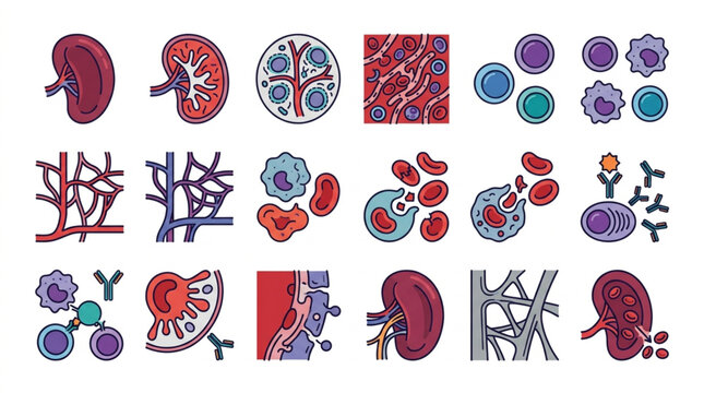 Medical illustration of human kidney and immune system cells.