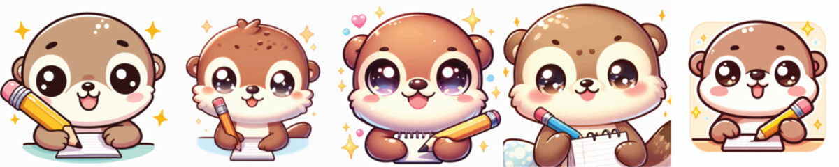 Vector of a cute cartoon otter character holding a pencil © FirdianKrisna
