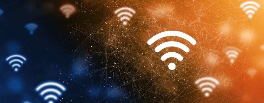 Abstract network with multiple glowing wireless signals in blue and orange