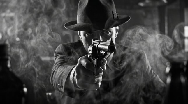Classic noir gangster aiming a revolver pistol through thick smoke wearing a fedora hat