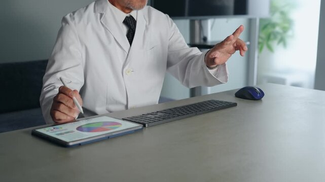 A man in a white coat interacting with a screen floating in mid-air. VR, virtual, doctor, research, science, experiment, touch, hospital, medical, examination.