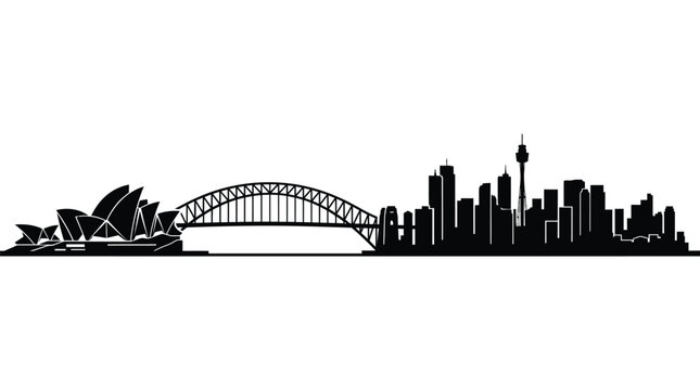 Detailed black silhouette of the Sydney city skyline featuring the opera house and harbor bridge