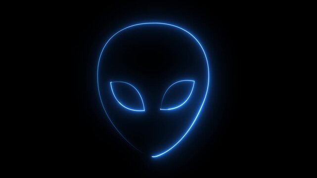 Glowing neon alien head outline animation on black background