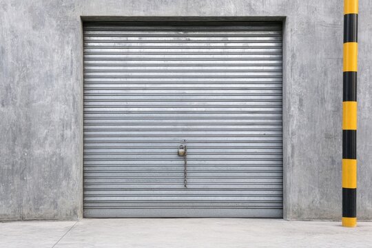 Industrial grey roller door with padlock secured on a rough concrete wall