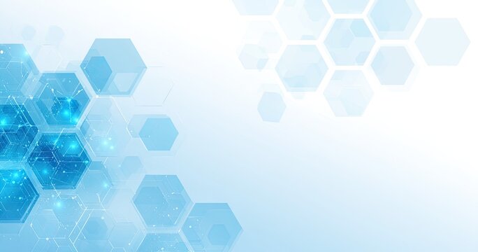 Abstract blue hexagonal network pattern with glowing elements and subtle light gradients