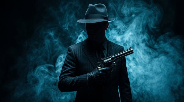 Intimidating mysterious gangster silhouette wearing a hat and suit amidst dark blue fog