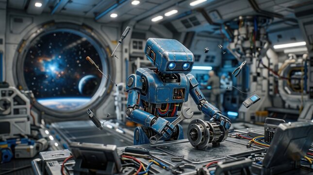 Blue robot repairing machinery in a futuristic space station