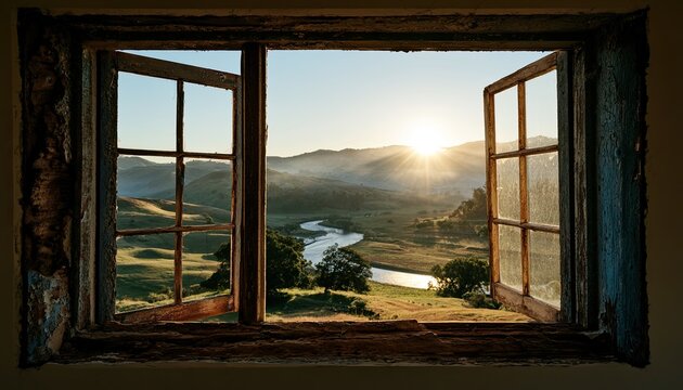 A rustic open window reveals a sunlit valley with rolling hills and a winding river