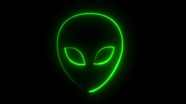 Glowing neon alien head outline animation on black background