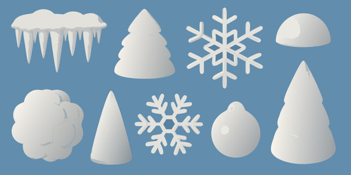 Winter Elements Collection Icicles Snowflakes And Conifer Trees In 3d Style