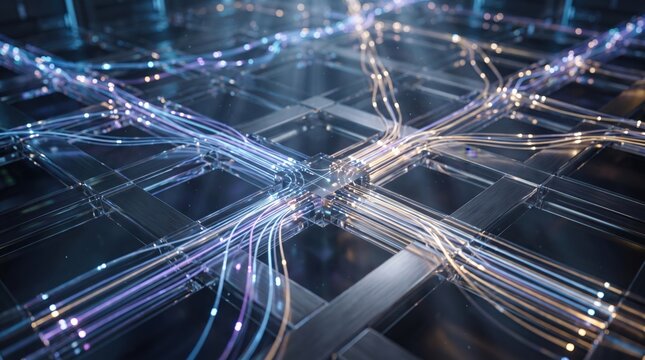 Abstract futuristic fiber optic network cables connecting nodes, glowing blue and purple light streams representing high speed data transmission