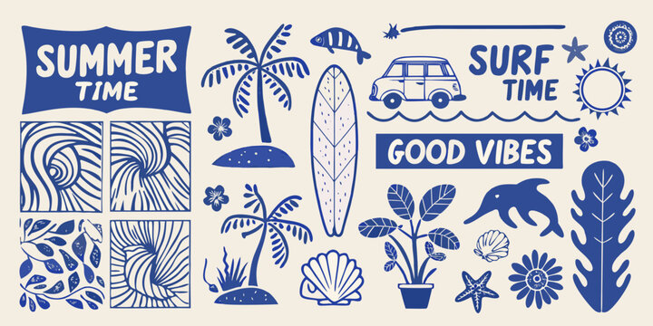 Summer and surf themed vector illustration set in monochrome blue