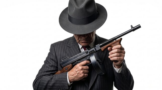 Gangster holding a submachine gun wearing a vintage fedora and pinstripe suit in a classic noir pose