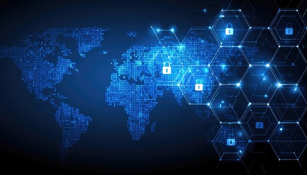 Digital globe with interconnected security nodes and digital data patterns