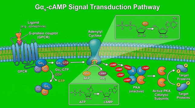 Molecular Signal Transduction Pathway Illustration in Vibrant 3D Scientific Style