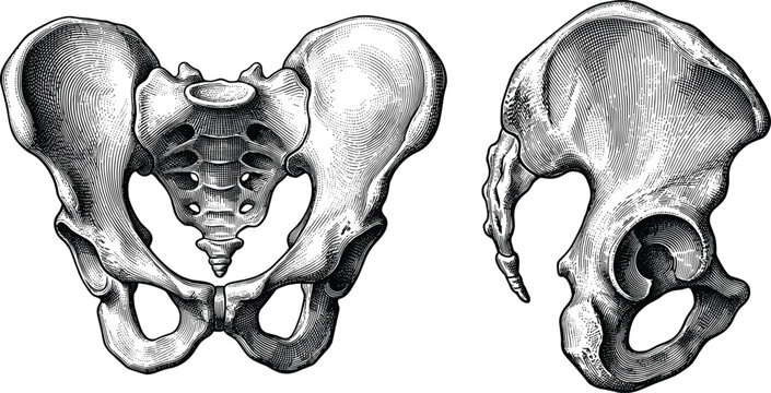 Anterior and lateral views of human pelvis bone engraving style vector illustration for medical education