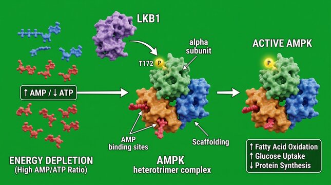 Molecular Energy Sensing Process in Cellular Metabolism with AMPK Pathway Illustration