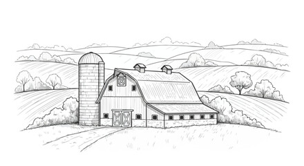 Vintage hand drawn farm barn vector, rustic countryside landscape with silo and rolling hills, black and white sketch of agricultural farmland © Qarshi Stock