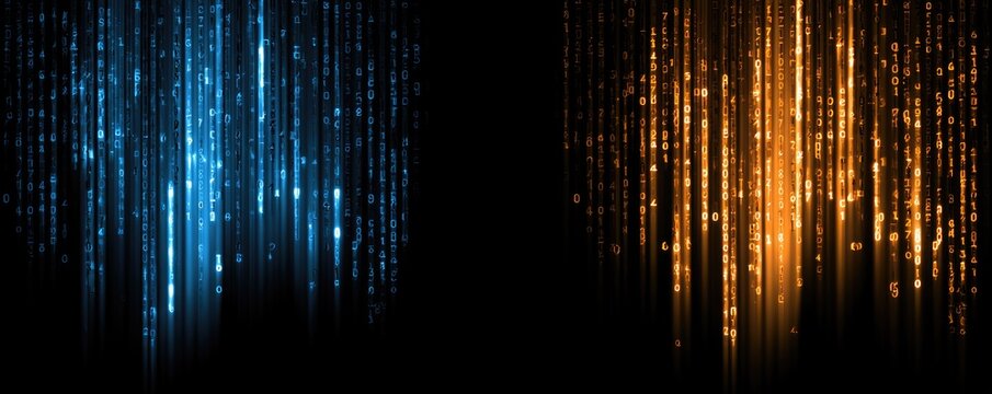 Abstract digital rain of glowing blue and orange particles against black
