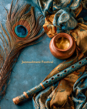 Janmashtami Festival Greeting with Krishna Flute and Peacock Feather
