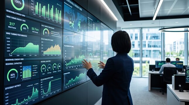 Business woman analyzing renewable energy grid statistics on large interactive wall display, wind farm and solar power performance metrics in control room