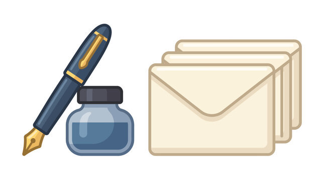 Fountain pen rests next to a glass inkwell and a stack of cream envelopes ready for professional correspondence.