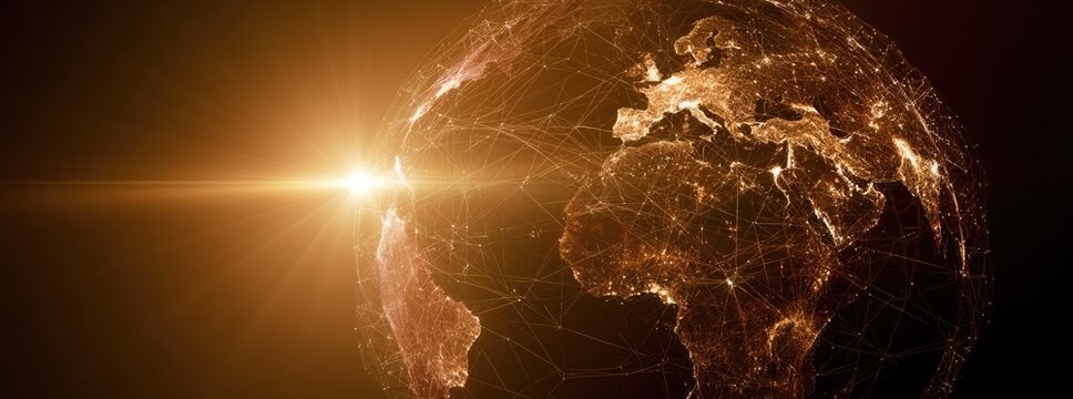 Glowing digital globe with light flares on dark background
