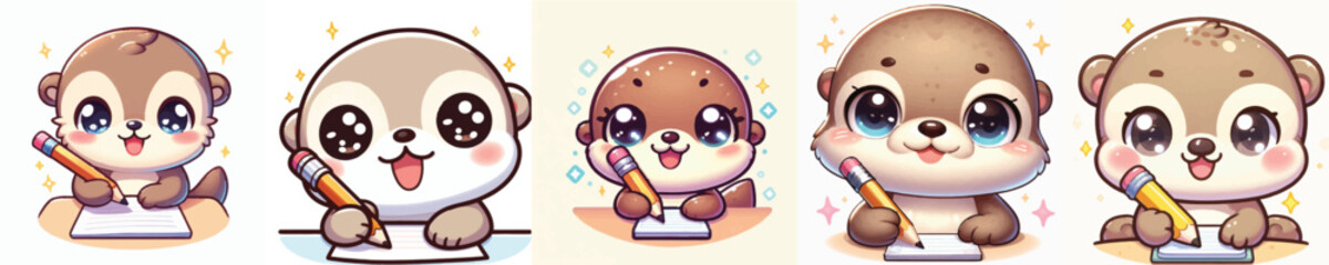 Vector of a cute cartoon otter character holding a pencil © FirdianKrisna