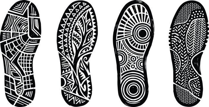 Set of detailed shoe sole prints with abstract geometric and tribal textures isolated on white background