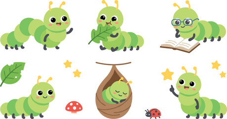Naklejka premium Cute green caterpillar cartoon character collection eating leaf reading book sleeping inside cocoon waving and pointing hand isolated vector illustration asset design setCute green caterpillar cartoon
