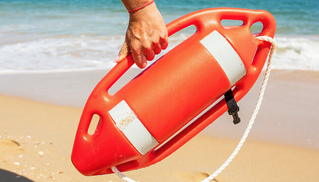 Hand Holding Lifeguard Rescue Buoy On Beach Shore Outdoor Leisure Activity