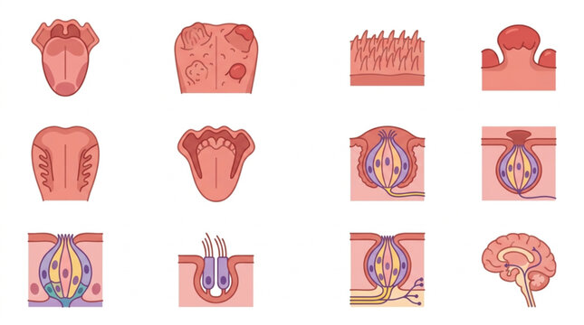 Anatomical illustration of human tongue taste buds and brain.